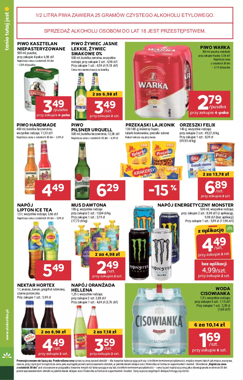 Gazetka promocyjna Stokrotka - Market - ważna 05.09 do 11.09.2024 - strona 16 - produkty: Ananas, Cisowianka, Dawtona, Felix, Gra, Grejpfrut, Hellena, Hortex, Ice tea, Kasztelan, Krakersy, Lajkonik, Lipton, Mięso, Mus, Napój, Napój energetyczny, Nektar, Oranżada, Orzeszki, Owoce, Pilsner Urquell, Piwa, Piwo, Por, Precelki, Rubin, Warka, Warzywa, Woda