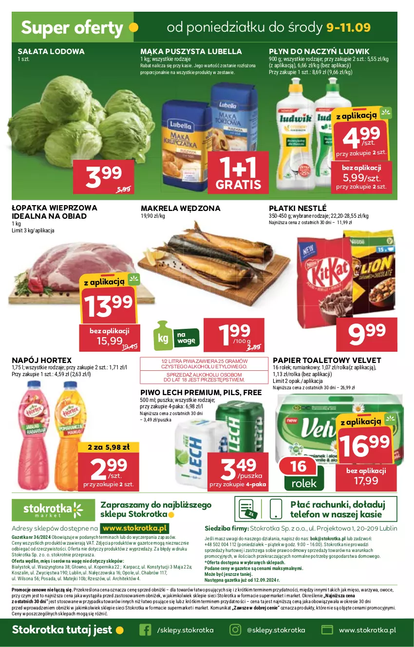 Gazetka promocyjna Stokrotka - Market - ważna 05.09 do 11.09.2024 - strona 20 - produkty: Bell, Bella, Dres, Gra, Hortex, JBL, Karp, Kosz, Lech Premium, Lubella, Ludwik, Mąka, Mięso, Napój, Nestlé, O nas, Owoce, Papier, Papier toaletowy, Piwa, Piwo, Por, Rum, Sałat, Sałata lodowa, Ser, Szal, Telefon, Velvet, Wagi, Warzywa, Wilson