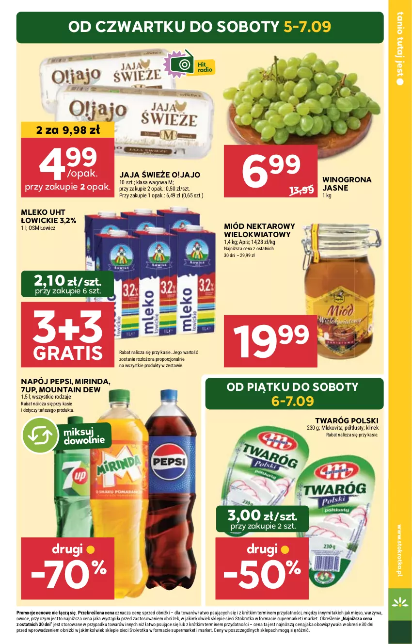 Gazetka promocyjna Stokrotka - Market - ważna 05.09 do 11.09.2024 - strona 3 - produkty: 7up, Gra, Jaja, Mięso, Miód, Mirinda, Mleko, Mlekovita, Napój, Nektar, Owoce, Pepsi, Por, Twaróg, Warzywa, Wino, Winogrona