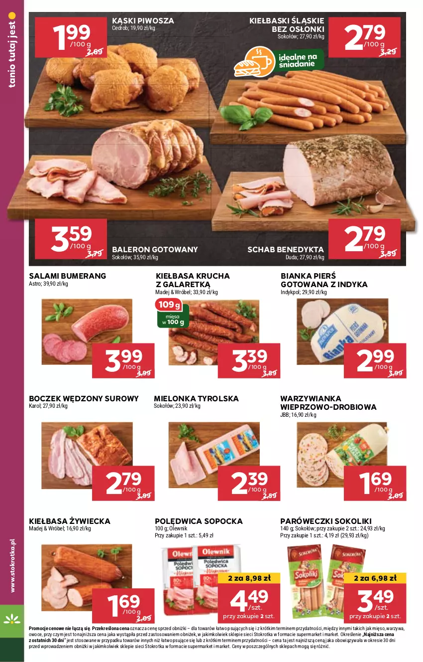 Gazetka promocyjna Stokrotka - Market - ważna 05.09 do 11.09.2024 - strona 6 - produkty: Bianka, Boczek, Bumerang, Duda, Gala, Kiełbasa, Kiełbasa krucha, Kiełbaski śląskie, Mielonka tyrolska, Mięso, Olewnik, Owoce, Piwo, Polędwica, Salami, Schab Benedykta, Sok, Sokołów, Warzywa