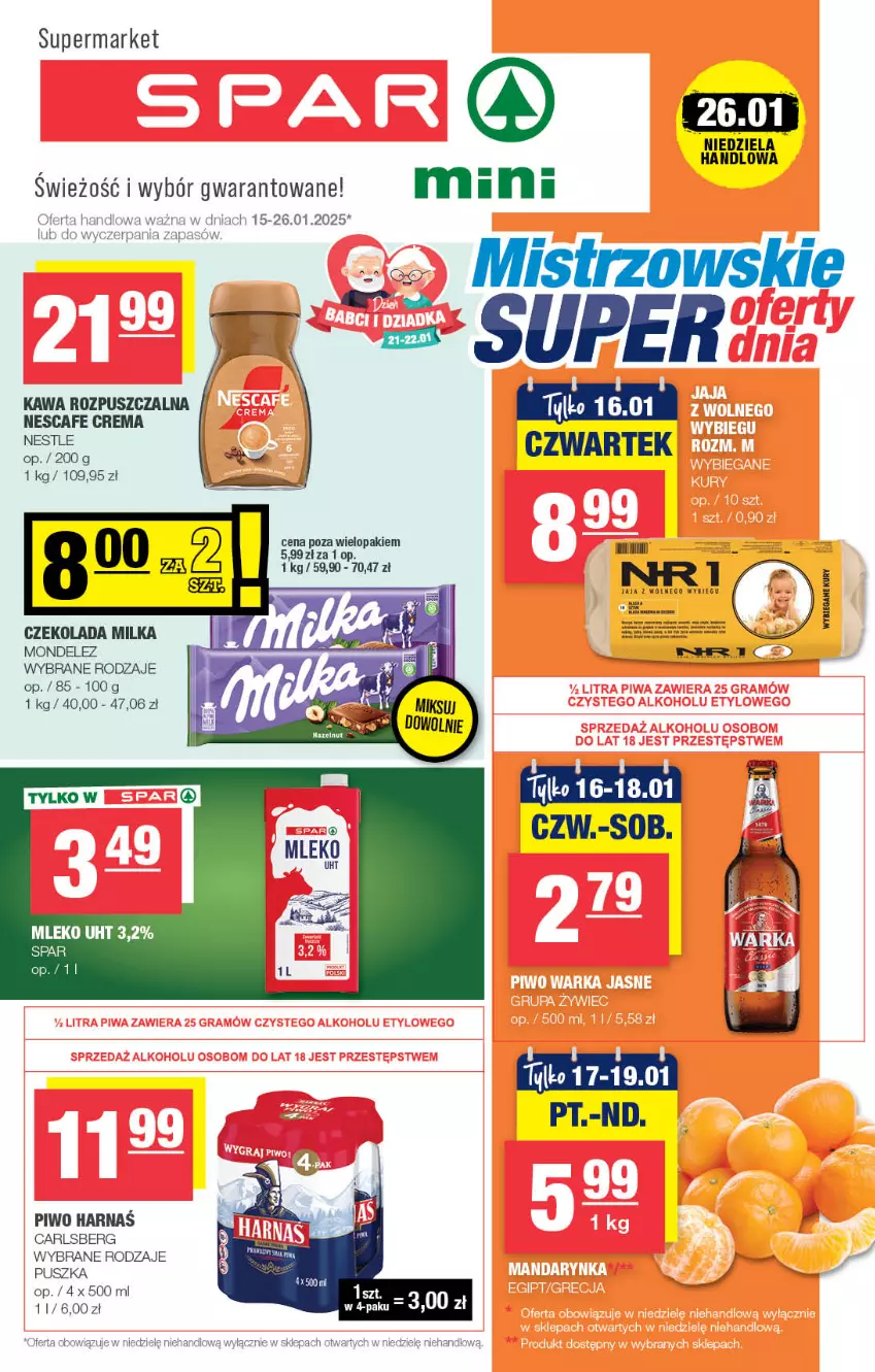 Gazetka promocyjna Spar - Spar-Mini - ważna 12.01 do 22.01.2025 - strona 1 - produkty: Carlsberg, Czekolada, Harnaś, Kawa, Kawa rozpuszczalna, Milka, Mleko, Piwo