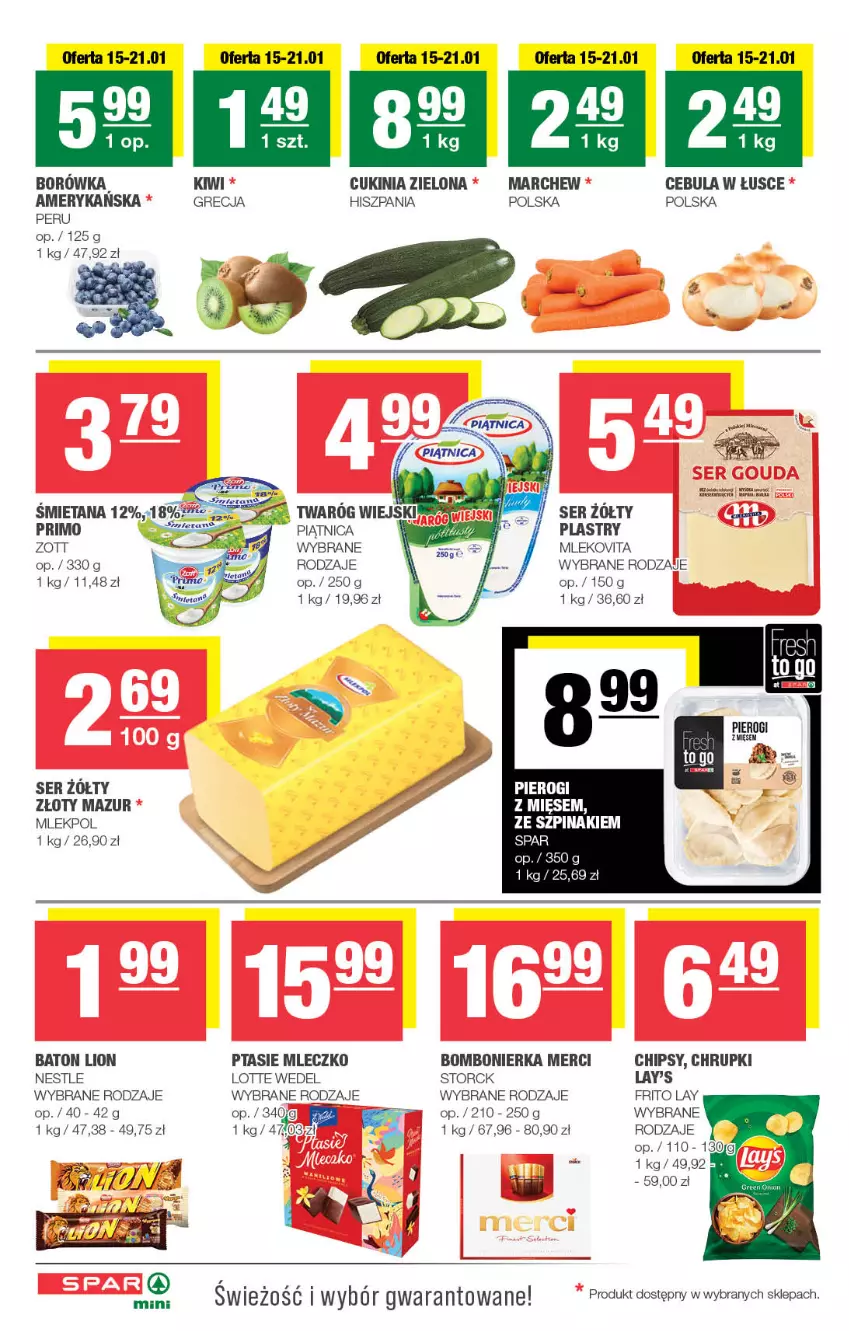 Gazetka promocyjna Spar - Spar-Mini - ważna 12.01 do 22.01.2025 - strona 2 - produkty: Baton, Borówka, Cebula, Chipsy, Chrupki, Kiwi, Lion, Merci, Mleczko, Mleko, Mlekovita, Piątnica, Pierogi, Ptasie mleczko, Ser, Szpinak, Twaróg, Złoty Mazur, Zott