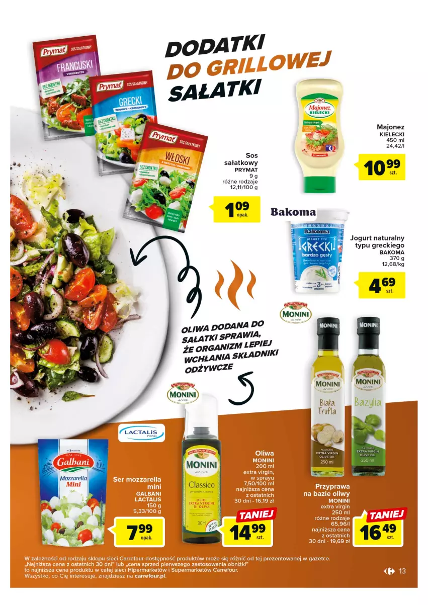 Gazetka promocyjna Carrefour - Gazetka Odpalamy sezon na grilla - ważna 25.04 do 06.05.2023 - strona 13 - produkty: Bakoma, Gin, Jogurt, Jogurt naturalny, Majonez, Monini, Oliwa, Prymat, Sałat, Sos