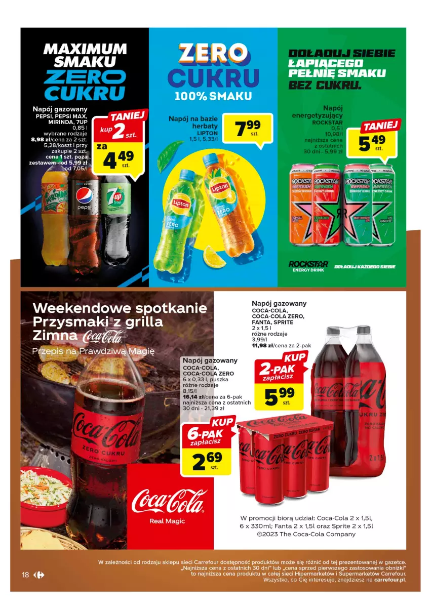 Gazetka promocyjna Carrefour - Gazetka Odpalamy sezon na grilla - ważna 25.04 do 06.05.2023 - strona 18 - produkty: 7up, Coca-Cola, Fa, Fanta, Kosz, Mirinda, Napój, Napój gazowany, Pepsi, Pepsi max, Sprite