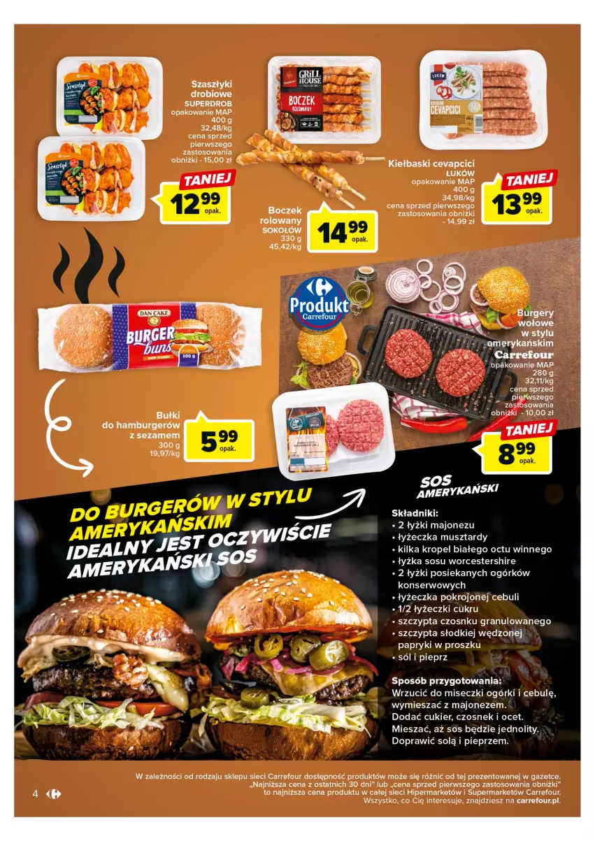 Gazetka promocyjna Carrefour - Gazetka Odpalamy sezon na grilla - ważna 25.04 do 06.05.2023 - strona 4 - produkty: Boczek, Burger, Cukier, Czosnek, Gra, Hamburger, Majonez, Mus, Ocet, Pieprz, Ser, Sok, Sokołów, Sól, Sos