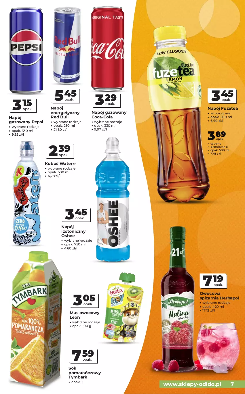 Gazetka promocyjna Odido - Gazetka Odido - ważna 16.09 do 29.09.2026 - strona 7 - produkty: Coca-Cola, Gra, Herbapol, Kubuś, Kubuś Waterrr, Leon, Mus, Napój, Napój energetyczny, Napój gazowany, Napój izotoniczny, Oshee, Pepsi, Red Bull, Sok, Sok pomarańczowy, Tymbark
