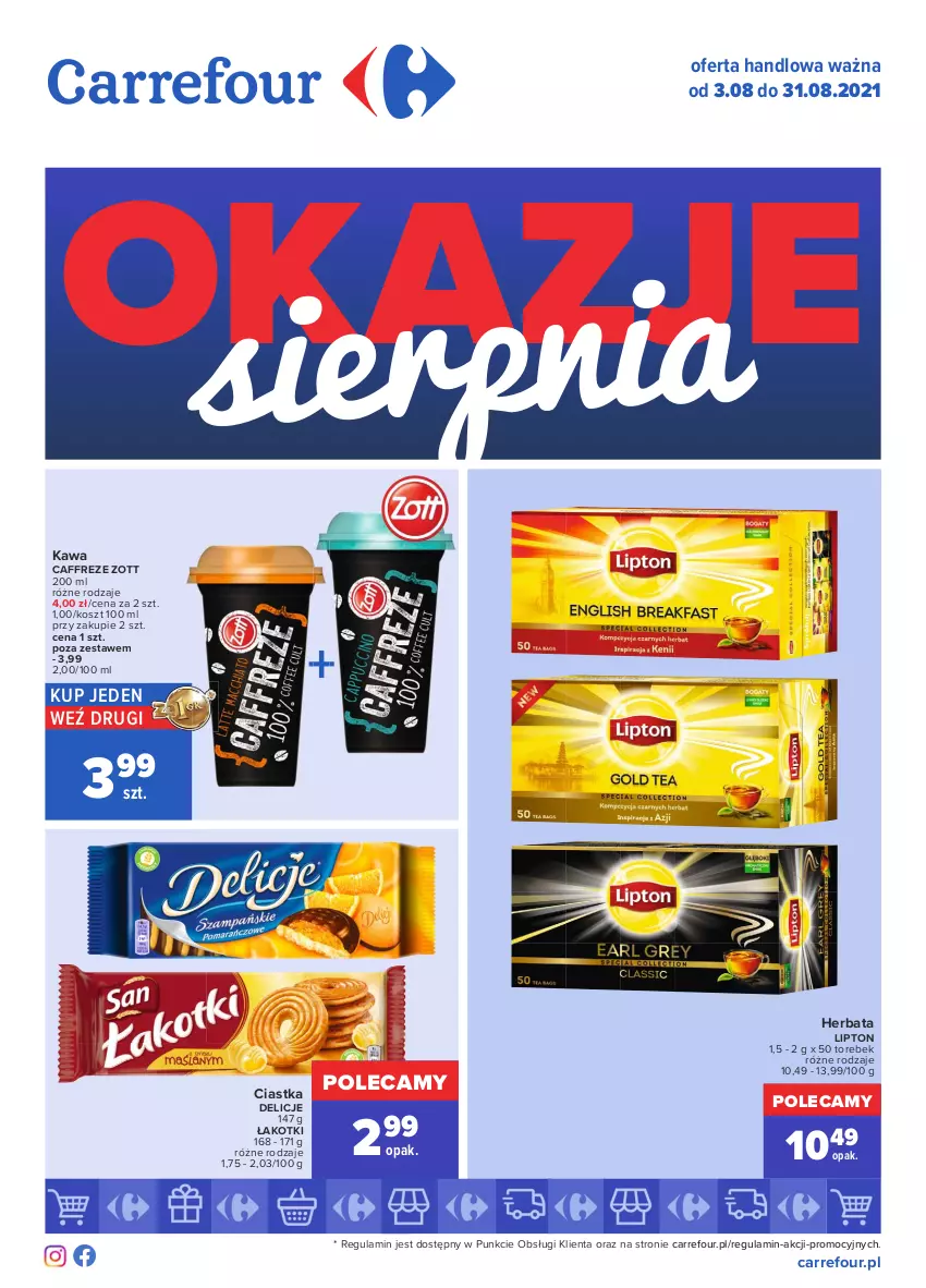 Gazetka promocyjna Carrefour - Gazetka Okazje sierpnia - ważna 02.08 do 31.08.2021 - strona 1 - produkty: Ciastka, Delicje, Herbata, Kawa, Kosz, Lipton, Zott