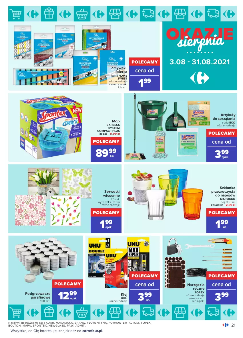 Gazetka promocyjna Carrefour - Gazetka Okazje sierpnia - ważna 02.08 do 31.08.2021 - strona 21 - produkty: Klej, Mop, Podgrzewacze, Ser, Serwetki, Szklanka, Top, UHU