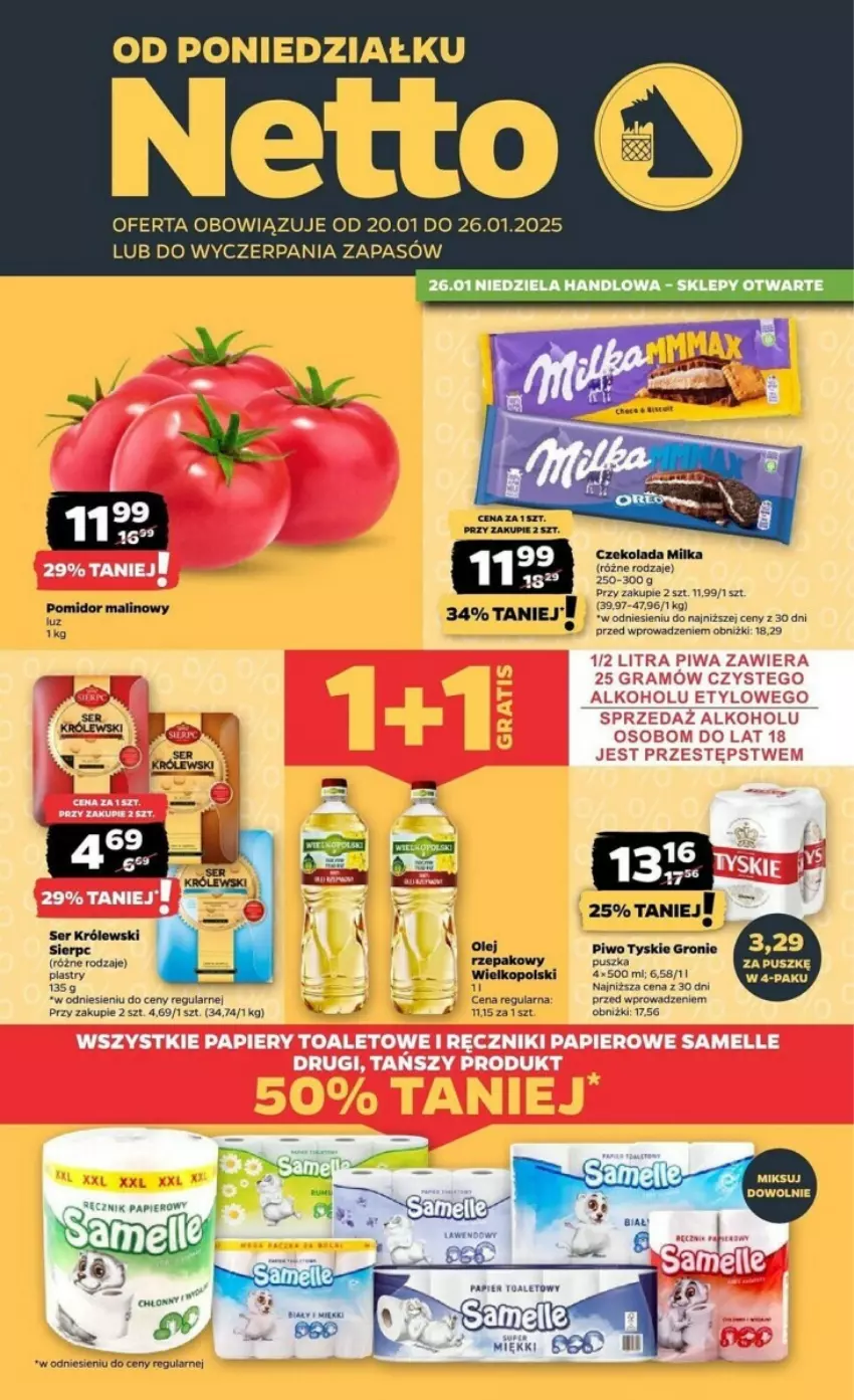 Gazetka promocyjna Netto - ważna 20.01 do 26.01.2025 - strona 1 - produkty: Czekolada, Gra, Królewski, Milka, Olej, Papier, Piwa, Pomidor malinowy, Ser