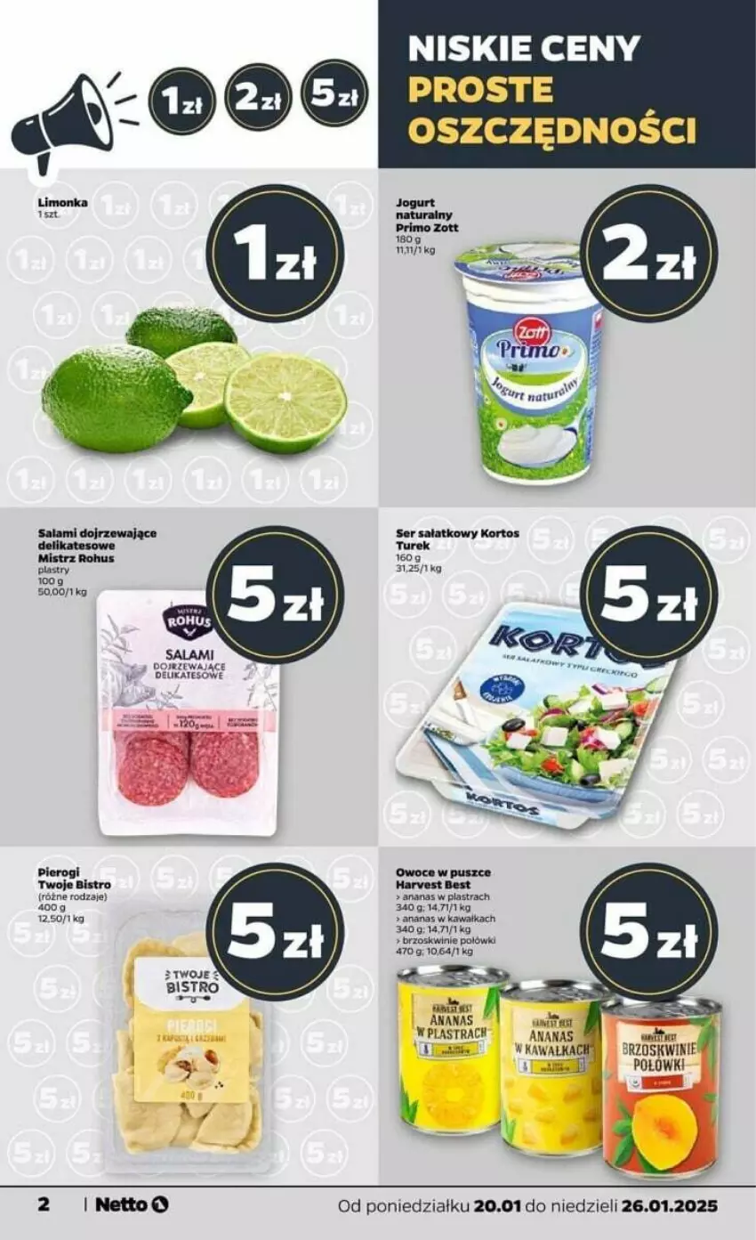 Gazetka promocyjna Netto - ważna 20.01 do 26.01.2025 - strona 12 - produkty: Ananas, Brzoskwinie, Jogurt, Kawa, Limonka, Owoce, Pierogi, Salami, Zott