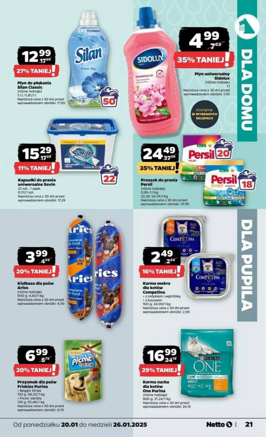 Gazetka promocyjna Netto - ważna 20.01 do 26.01.2025 - strona 14 - produkty: Friskies, Kapsułki do prania, Karma mokra dla kotów, Kiełbasa, Płyn do płukania, Proszek do prania, Pur, Purina, Silan, Sos