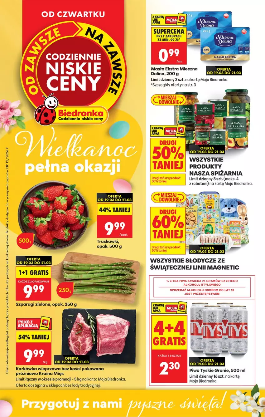 Gazetka promocyjna Biedronka - Od Czwartku - ważna 19.03 do 25.03.2026 - strona 1 - produkty: Fa, Gra, Karkówka wieprzowa, Kret, Masło, Piwo, Truskawki, Tyskie