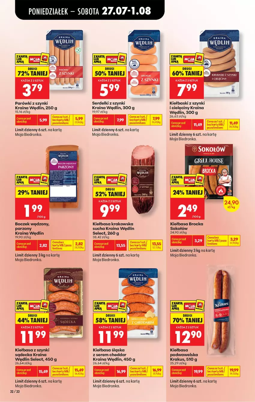Gazetka promocyjna Biedronka - Od Poniedziałku - ważna 27.07 do 01.08.2026 - strona 46 - produkty: Boczek, Cheddar, Kiełbasa, Kiełbasa krakowska, Kiełbasa podwawelska, Kiełbasa śląska, Krakus, Parówki, Parówki z szynki, Ser, Serdelki, Sok, Sokołów, Wawel