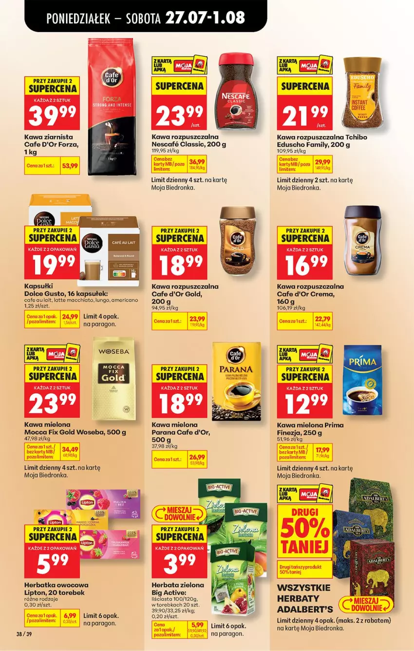 Gazetka promocyjna Biedronka - Od Poniedziałku - ważna 27.07 do 01.08.2026 - strona 54 - produkty: Chia, Dolce Gusto, Fa, Herbata, Kawa, Kawa mielona, Kawa rozpuszczalna, Kawa ziarnista, Lipton, Mocca Fix Gold, Prima, Tchibo, Torebka, Woseba