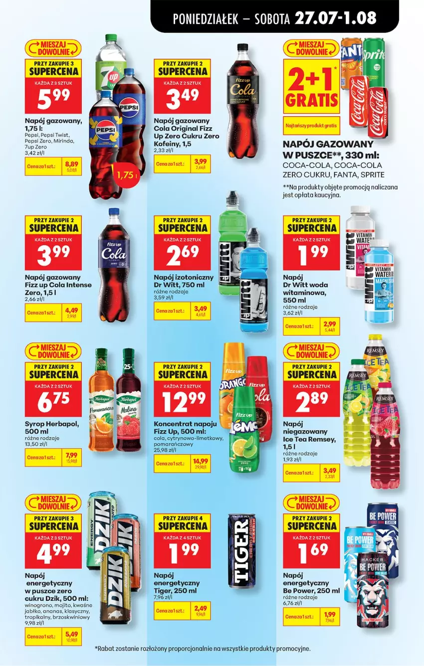 Gazetka promocyjna Biedronka - Od Poniedziałku - ważna 27.07 do 01.08.2026 - strona 71 - produkty: Ananas, Coca-Cola, Fa, Fanta, Gin, Gra, Herbapol, Mirinda, Napój, Napój energetyczny, Napój gazowany, Napój izotoniczny, Napój niegazowany, Pepsi, Por, Sprite, Syrop, Tiger, Wino, Woda