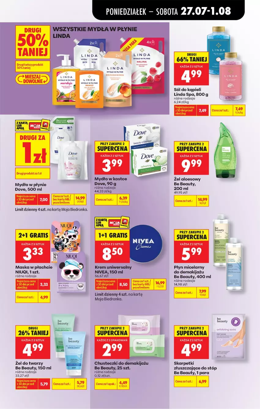 Gazetka promocyjna Biedronka - Od Poniedziałku - ważna 27.07 do 01.08.2026 - strona 79 - produkty: Be Be, Chusteczki, Dove, Gra, Karp, Krem uniwersalny, Makijaż, Maska, Maska w płachcie, Mydło, Mydło w płynie, Niuqi, Nivea, Panda, Płyn micelarny, Skarpetki, Sól, Sól do kąpieli
