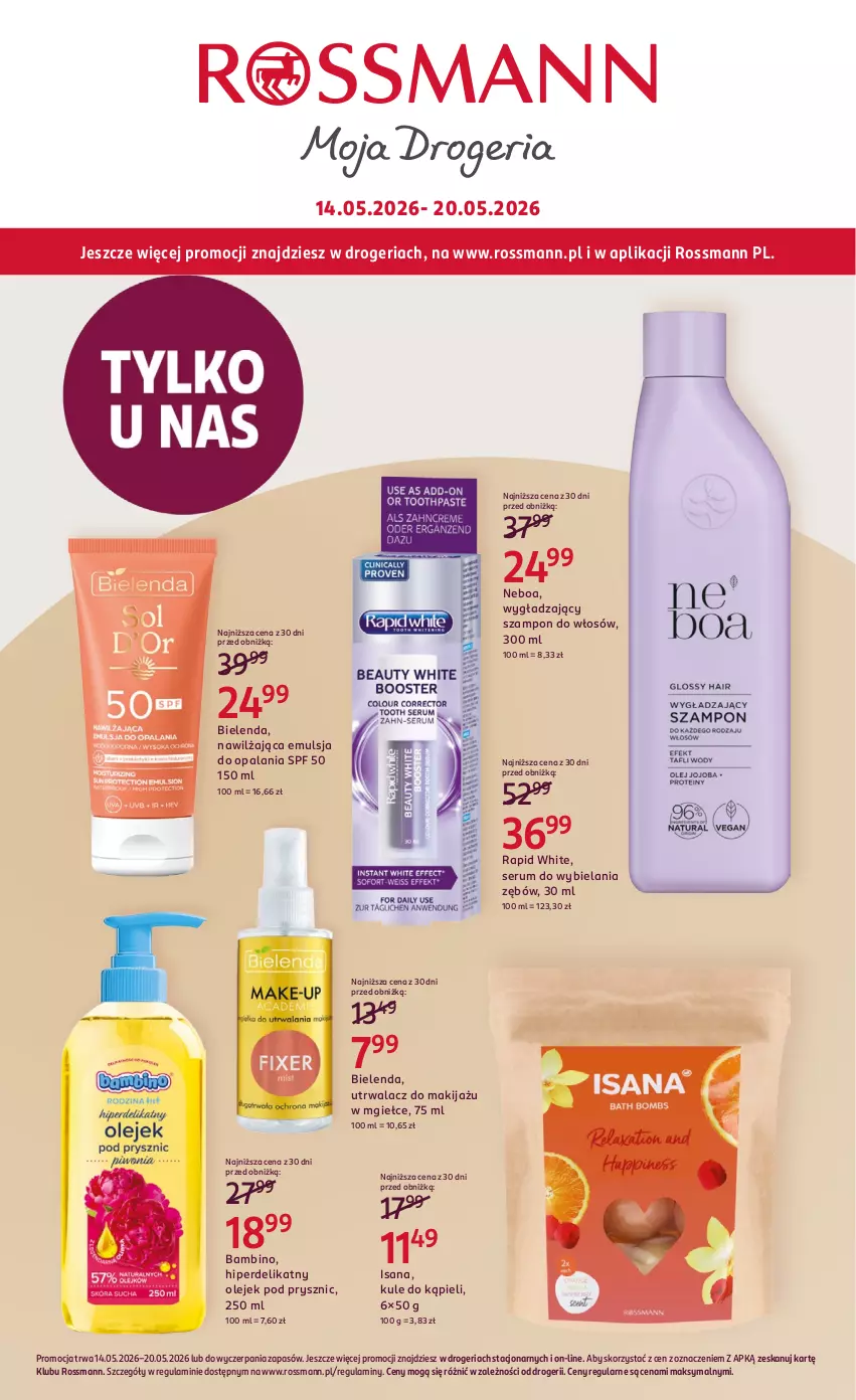 Gazetka promocyjna Rossmann - Gazetka promocyjna Rossmanna - ważna 14.05 do 20.05.2026 - strona 1 - produkty: Bielenda, Emulsja, Isana, Makijaż, Olej, Olejek pod prysznic, Rum, Ser, Serum, Szampon