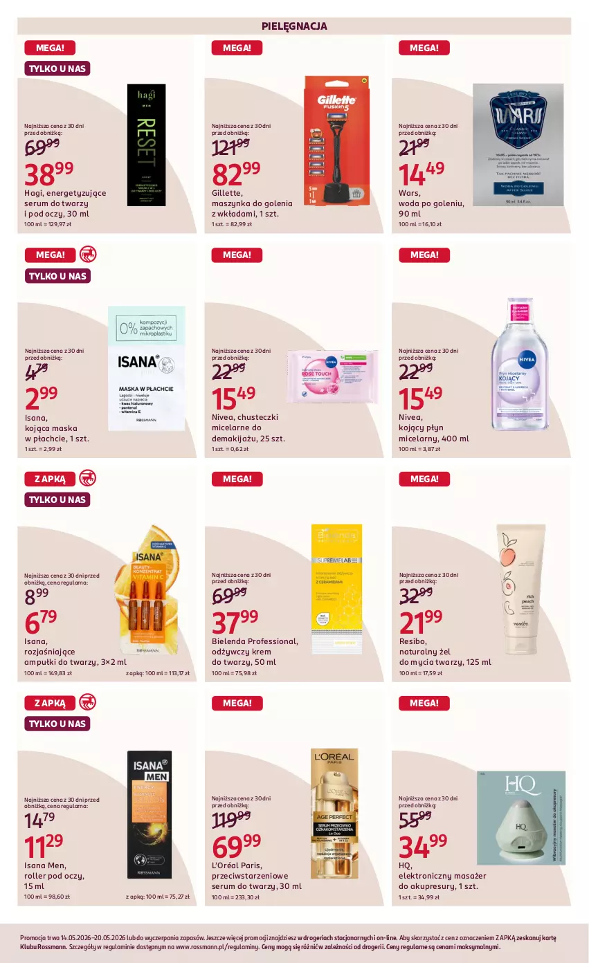Gazetka promocyjna Rossmann - Gazetka promocyjna Rossmanna - ważna 14.05 do 20.05.2026 - strona 3 - produkty: Bielenda, Chusteczki, Gillette, Isana, Krem do twarzy, L’Oréal, Makijaż, Masażer, Maska, Maska w płachcie, Maszynka, Maszynka do golenia, Nivea, Płyn micelarny, Roller, Rum, Ser, Serum, Serum do twarzy, Szynka, Woda, Woda po goleniu