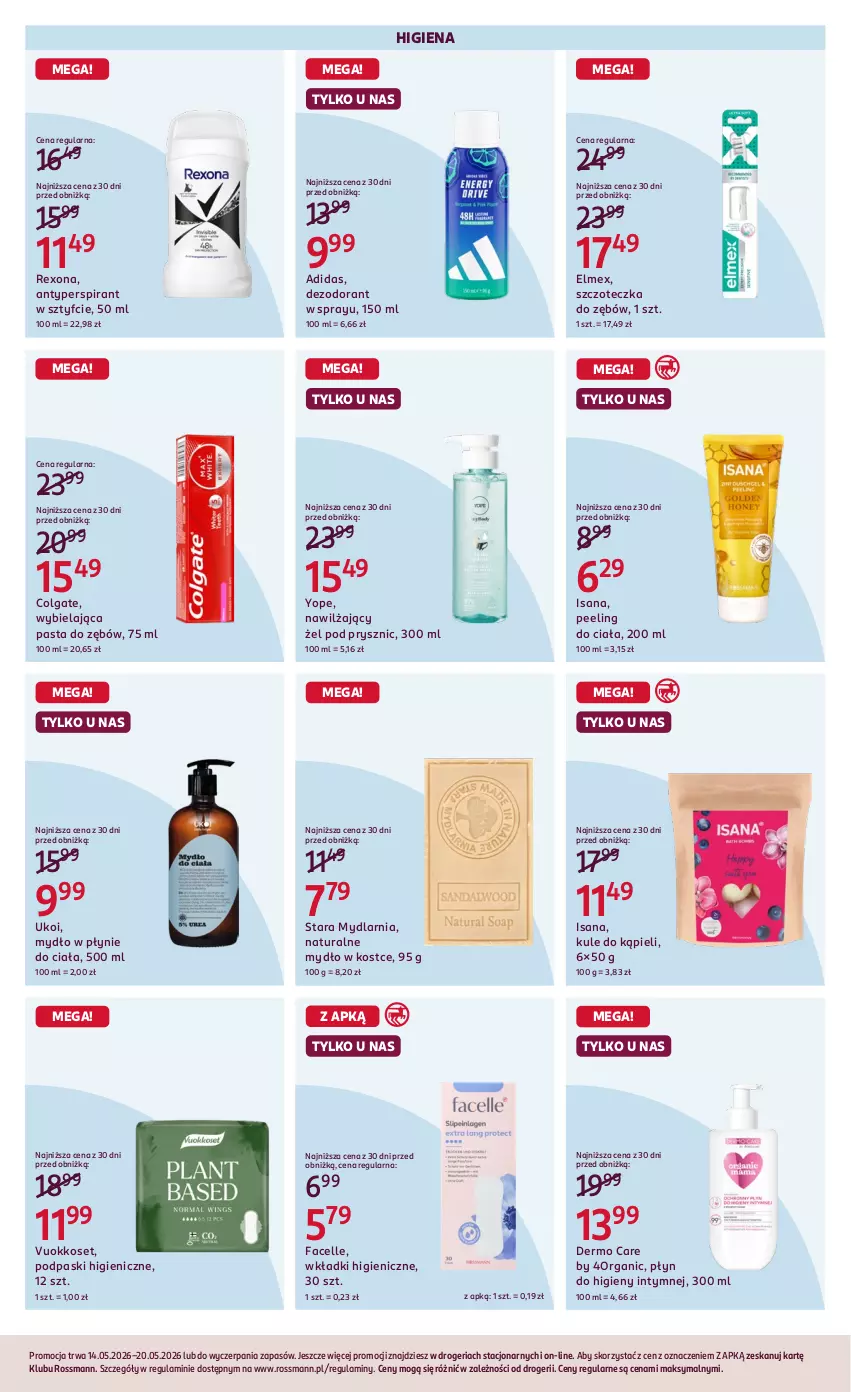 Gazetka promocyjna Rossmann - Gazetka promocyjna Rossmanna - ważna 14.05 do 20.05.2026 - strona 7 - produkty: Adidas, Antyperspirant, Colgate, Dezodorant, Elmex, Fa, Facelle, Isana, LG, Mydło, Mydło w płynie, Pasta do zębów, Peeling, Płyn do higieny intymnej, Podpaski, Rexona, Szczoteczka, Szczoteczka do zębów, Wkładki, Yope