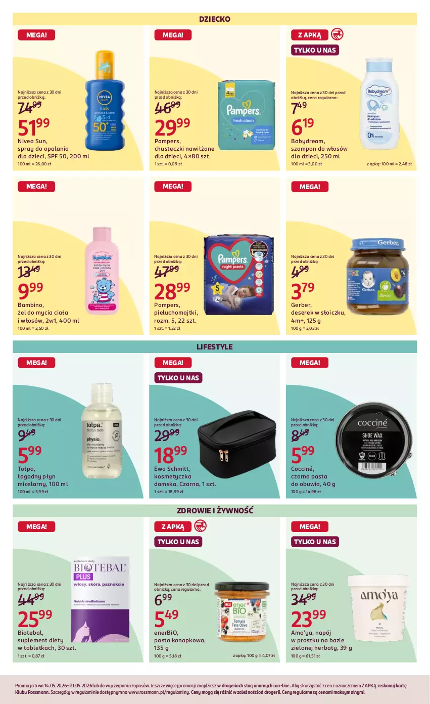 Gazetka promocyjna Rossmann - Gazetka promocyjna Rossmanna - ważna 14.05 do 20.05.2026 - strona 9 - produkty: Babydream, BIOTEBAL, Chusteczki, Deser, Dzieci, Enerbio, Ewa Schmitt, Gerber, Kosmetyczka, Majtki, Napój, Nivea, Pampers, Pieluchomajtki, Płyn micelarny, Ser, Serek, Suplement diety, Szampon, Tablet, Tołpa, Zdrowie