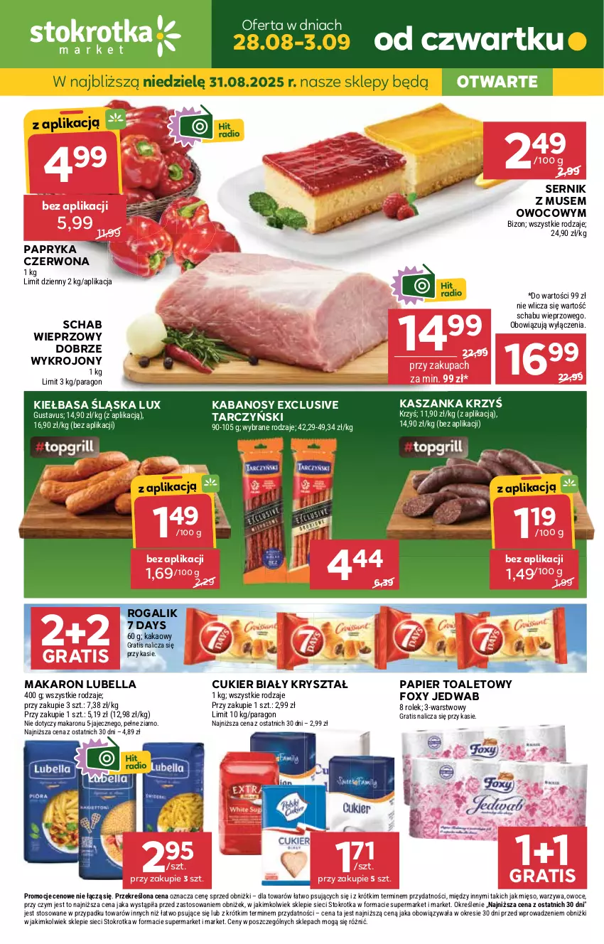 Gazetka promocyjna Stokrotka - Market - ważna 28.08 do 03.09.2025 - strona 1 - produkty: 7 Days, Bell, Bella, Cukier, Foxy, Gra, JBL, Kabanos, Kakao, Kasza, Kaszanka, Kiełbasa, Kiełbasa śląska, Lubella, Makaron, Mięso, Mus, Owoce, Papier, Papier toaletowy, Papryka, Papryka czerwona, Rogal, Schab wieprzowy, Ser, Tarczyński, Warzywa