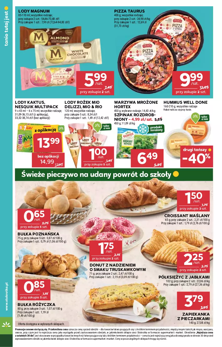 Gazetka promocyjna Stokrotka - Market - ważna 28.08 do 03.09.2025 - strona 16 - produkty: Bułka, Croissant, Donut, Hortex, Hummus, Jabłka, Kaktus, Lody, Mięso, Mus, Nesquik, Owoce, Piec, Pieczarka, Pieczywo, Pizza, Szpinak, Warzywa, Zapiekanka