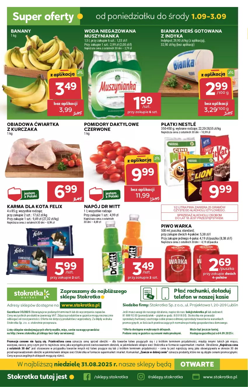 Gazetka promocyjna Stokrotka - Market - ważna 28.08 do 03.09.2025 - strona 22 - produkty: Banany, Bianka, Dres, Felix, Gra, JBL, Kurczak, Mięso, Mus, Muszynianka, Napój, Nestlé, O nas, Owoce, Piwa, Piwo, Pomidory, Ser, Telefon, Wagi, Warka, Warzywa, Woda, Woda niegazowana