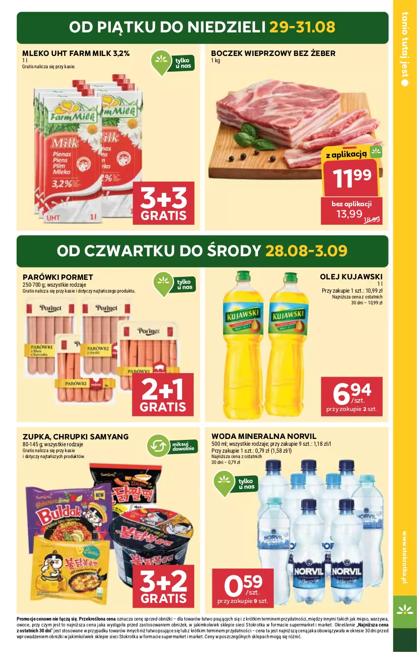 Gazetka promocyjna Stokrotka - Market - ważna 28.08 do 03.09.2025 - strona 5 - produkty: Boczek, Boczek wieprzowy, Chrupki, Fa, Farm Milk, Gra, Kujawski, Mięso, Mleko, Olej, Owoce, Parówki, Por, Warzywa, Woda, Woda mineralna