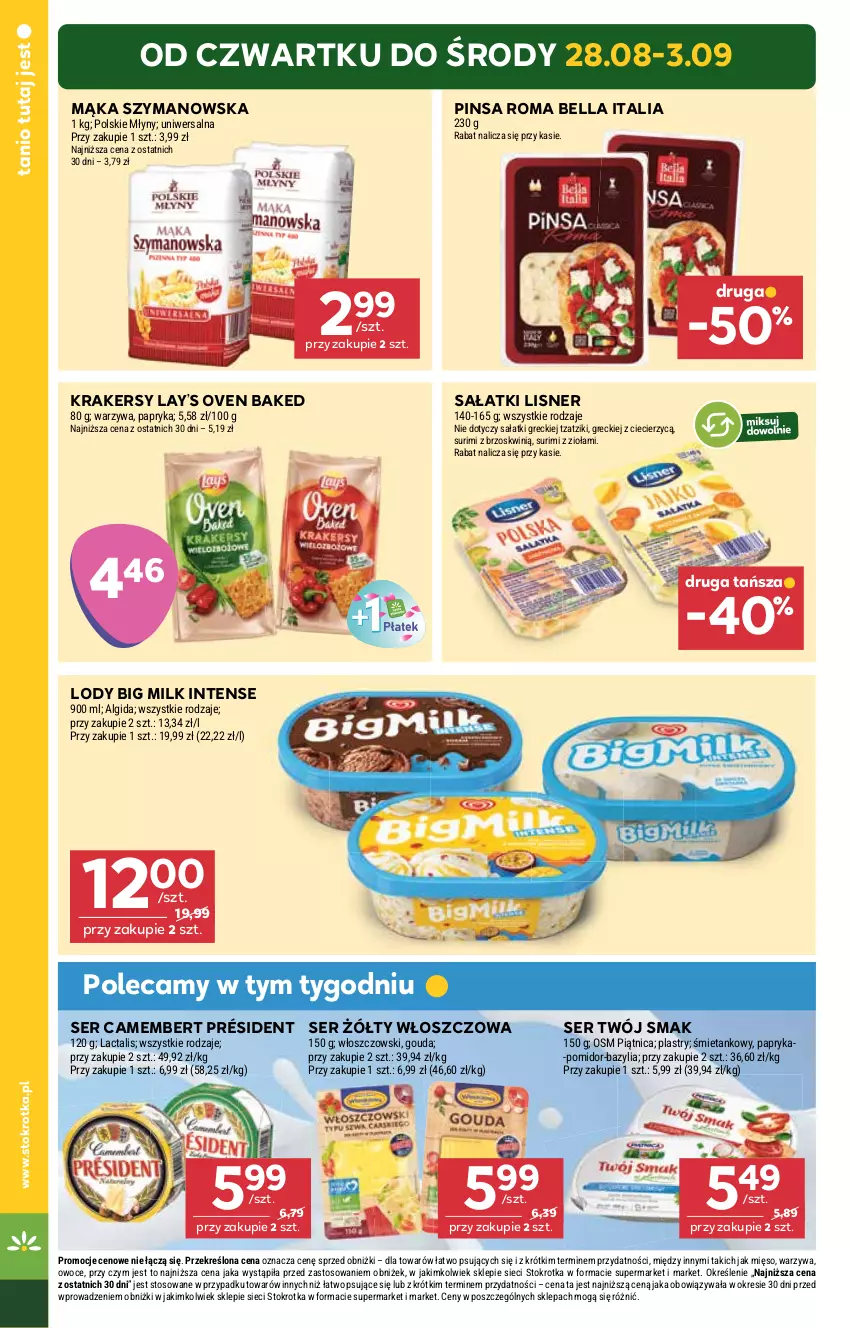 Gazetka promocyjna Stokrotka - Market - ważna 28.08 do 03.09.2025 - strona 6 - produkty: Algida, Bazyl, Bazylia, Bell, Bella, Big Milk, Camembert, Gouda, Krakersy, Lay’s, LG, Lisner, Lody, Mąka, Mięso, Owoce, Papryka, Piątnica, Polskie Młyny, Président, Sałat, Ser, Surimi, Twój Smak, Warzywa, Włoszczowski