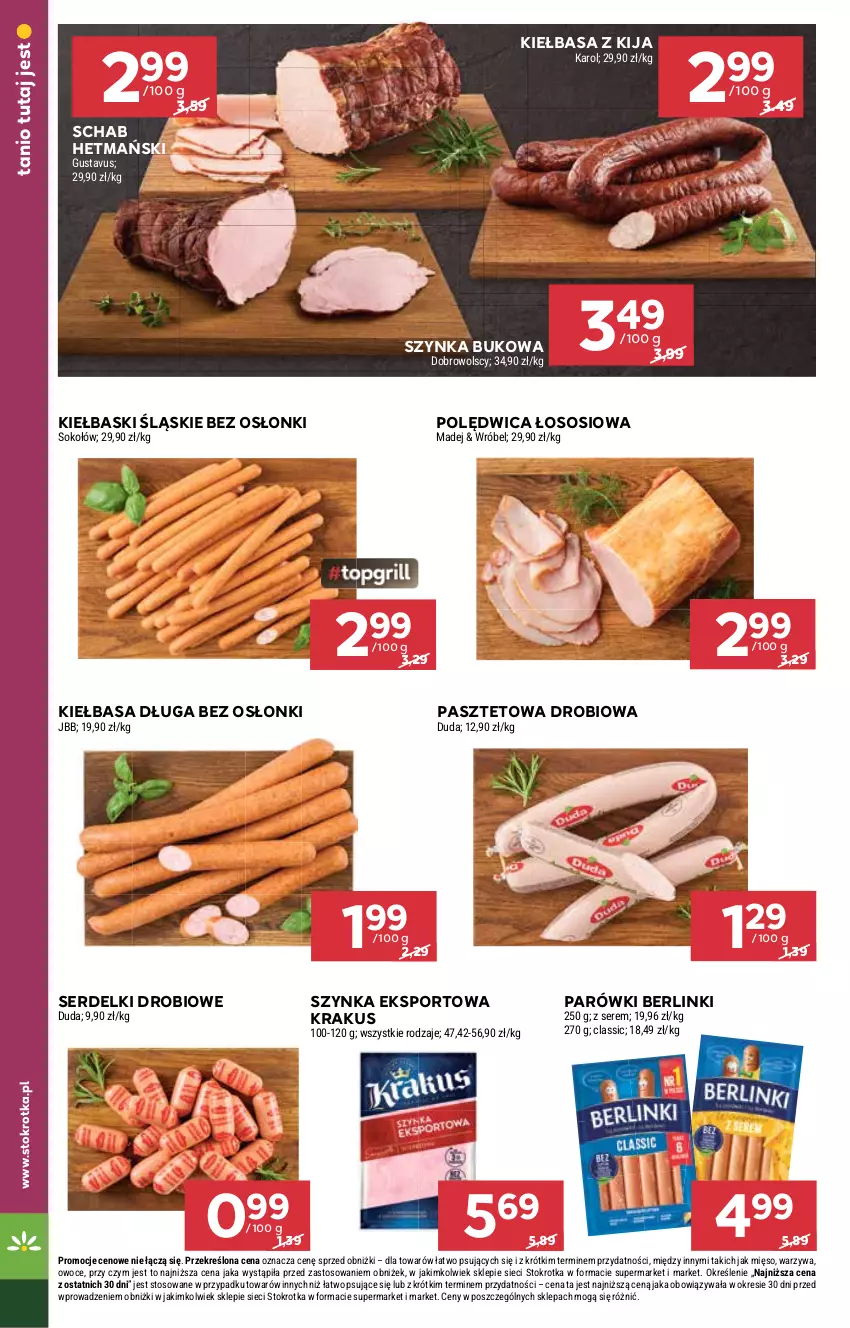 Gazetka promocyjna Stokrotka - Market - ważna 28.08 do 03.09.2025 - strona 8 - produkty: Berlinki, Duda, Kiełbasa, Kiełbaski śląskie, Krakus, Mięso, Owoce, Parówki, Pasztet, Polędwica, Por, Ser, Serdelki, Sok, Sokołów, Sos, Sport, Szynka, Warzywa