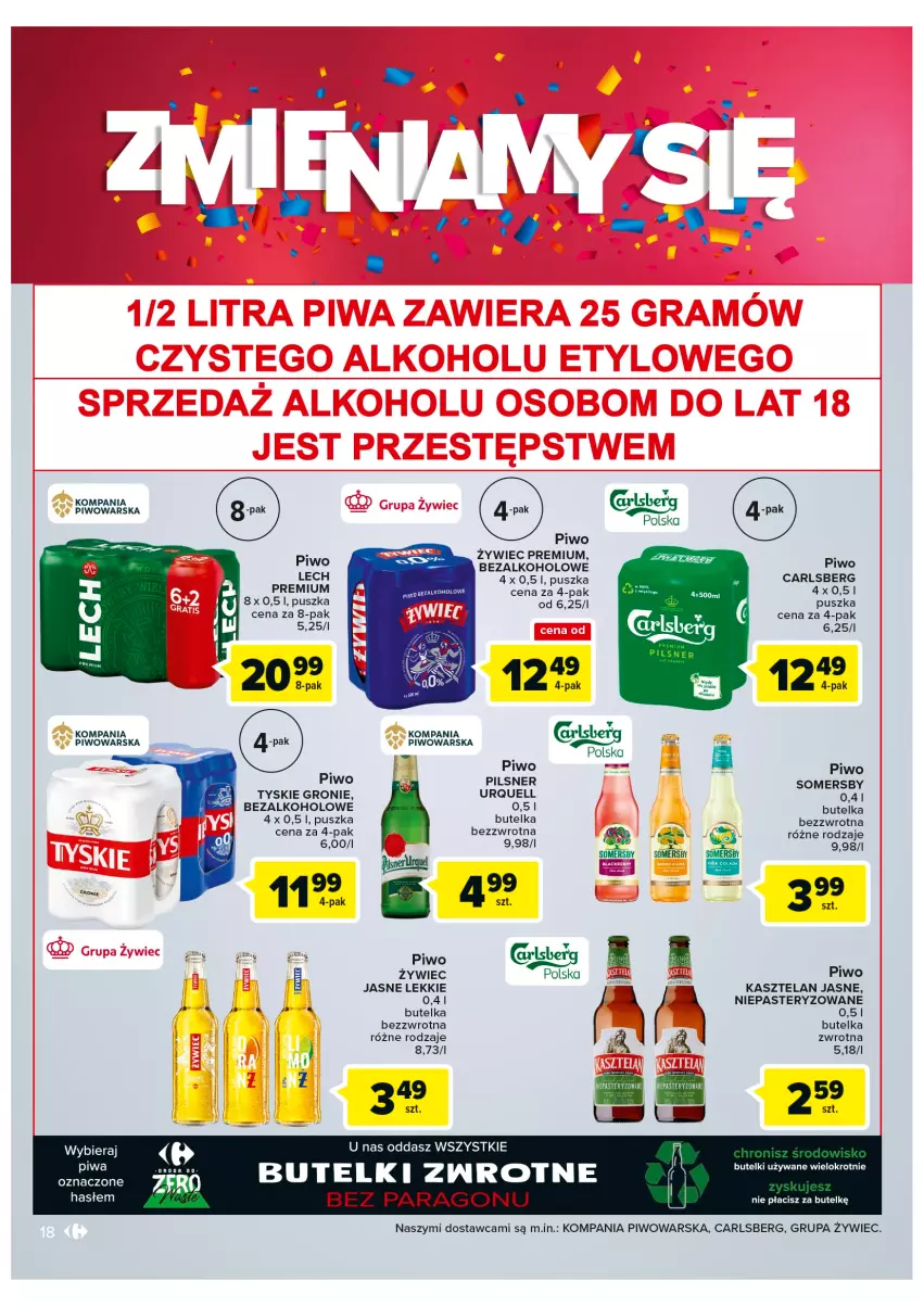 Gazetka promocyjna Carrefour - Gazetka Zmieniamy się Carrefour Galeria Krakowska - ważna 24.08 do 29.08.2022 - strona 18 - produkty: Carlsberg, Kasztelan, Lech Premium, Piwo, Piwo jasne, Somersby, Tyskie