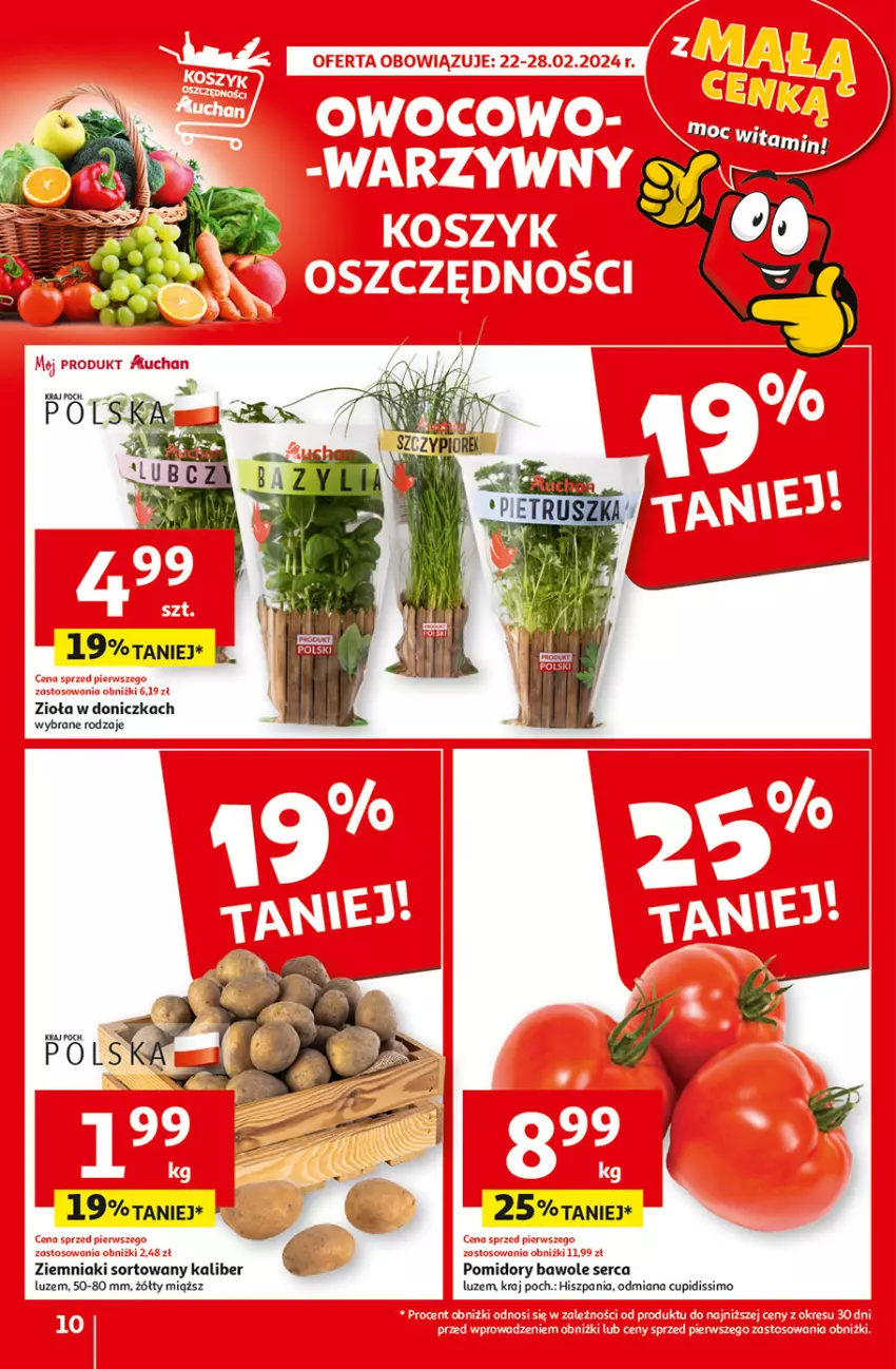 Gazetka promocyjna Auchan - Gazetka z MAŁĄ CENKĄ dźwigniesz więcej! Hipermarket Auchan - ważna 22.02 do 28.02.2024 - strona 10 - produkty: Pomidory, Ser, Tran, Ziemniaki