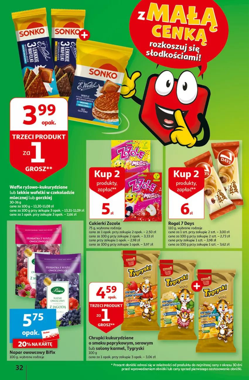 Gazetka promocyjna Auchan - Gazetka z MAŁĄ CENKĄ dźwigniesz więcej! Hipermarket Auchan - ważna 22.02 do 28.02.2024 - strona 32 - produkty: 7 Days, Chrupki, Cukier, Cukierki, Gry, Rogal, Ser