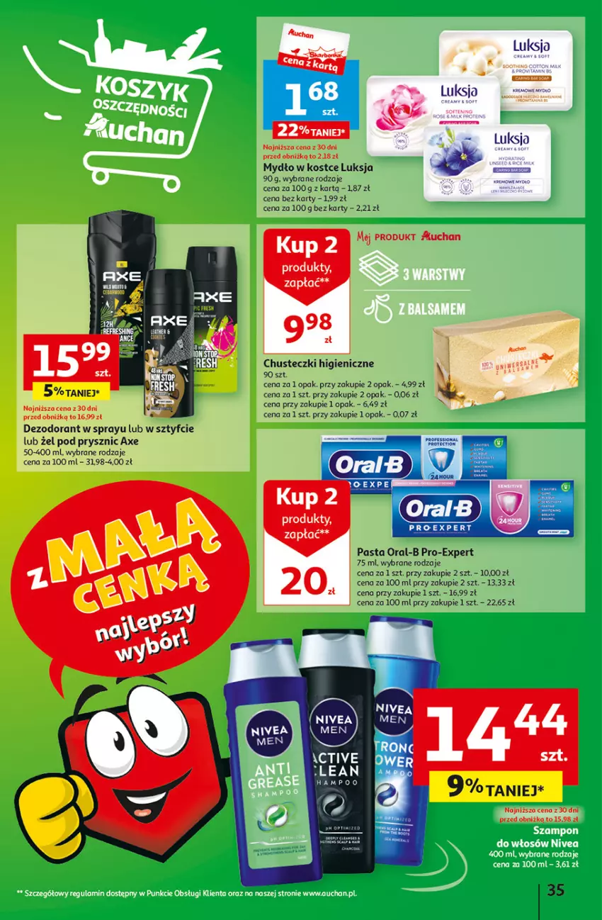 Gazetka promocyjna Auchan - Gazetka z MAŁĄ CENKĄ dźwigniesz więcej! Hipermarket Auchan - ważna 22.02 do 28.02.2024 - strona 35 - produkty: Chusteczki, Dezodorant, Luksja, Mydło