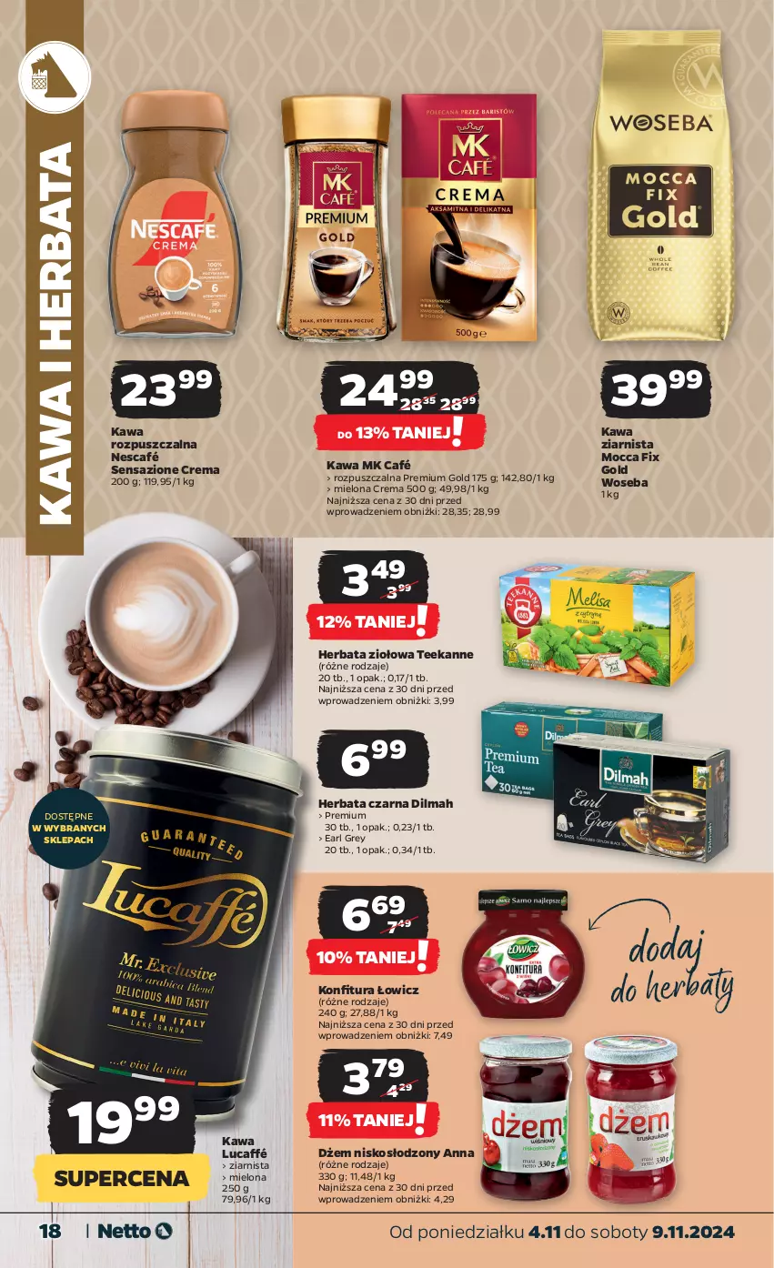 Gazetka promocyjna Netto - Od Poniedziałku - ważna 04.11 do 09.11.2024 - strona 18 - produkty: Dilmah, Dżem, Earl Grey, Herbata, Herbata czarna, Kawa, Kawa rozpuszczalna, Kawa ziarnista, Konfitura, Mocca Fix Gold, Nescafé, Teekanne, Woseba