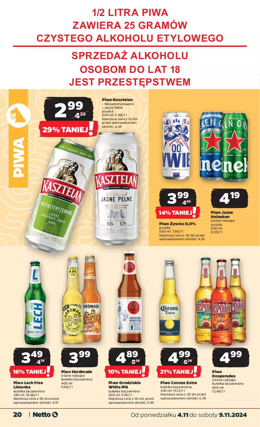 Gazetka promocyjna Netto - Od Poniedziałku - ważna 04.11 do 09.11.2024 - strona 20 - produkty: Corona Extra, Desperados, Gra, Heineken, Kasztelan, Limonka, Piwa, Piwo, Piwo jasne