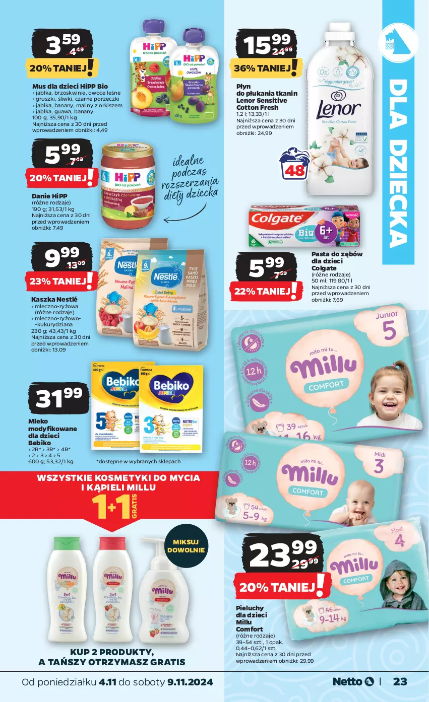 Gazetka promocyjna Netto - Od Poniedziałku - ważna 04.11 do 09.11.2024 - strona 23 - produkty: Banany, Bebiko, Brzoskwinie, Colgate, Dzieci, Gra, Gruszki, HiPP, Hipp Bio, Jabłka, Lenor, LG, Maliny, Mleko, Mleko modyfikowane, Mus, Nestlé, Owoce, Pasta do zębów, Pieluchy, Płyn do płukania, Por, Ryż