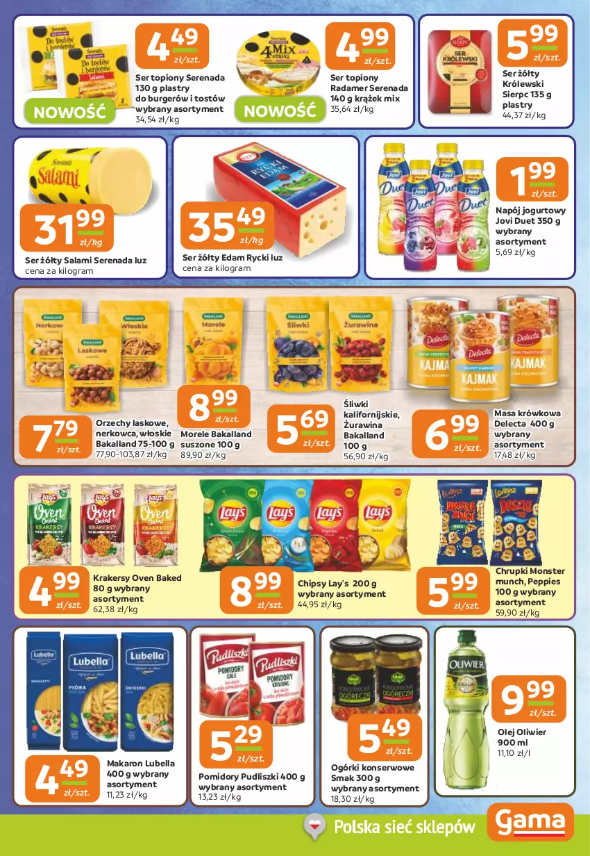 Gazetka promocyjna Gama - Gazetka Gama - ważna 16.10 do 28.10.2025 - strona 7 - produkty: Bakalland, Bell, Bella, Burger, Chipsy, Chrupki, Delecta, Edam, Gra, Jogurt, Krakersy, Królewski, Lubella, Makaron, Masa krówkowa, Monster Munch, Napój, Napój jogurtowy, Ogórki konserwowe, Olej, Pomidory, Pudliszki, Radamer, Salami, Ser, Ser topiony, Top