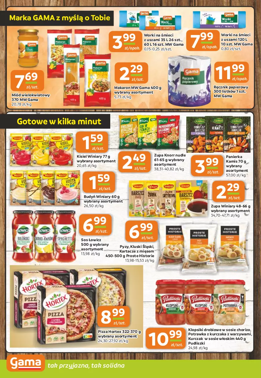 Gazetka promocyjna Gama - Gazetka Gama - ważna 16.10 do 28.10.2025 - strona 8 - produkty: Budyń, Hortex, Kamis, Kisiel, Klopsiki, Knorr, Kurczak, Makaron, Miód, Papier, Pizza, Pudliszki, Ręcznik, Sos, Warzywa, Winiary, Worki na śmiec, Worki na śmieci, Zupa