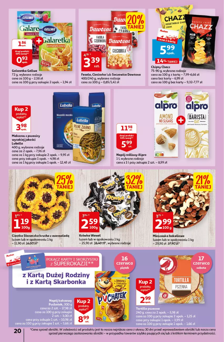 Gazetka promocyjna Auchan - Gazetka Sezon na orzeźwienie Hipermarket Auchan - ważna 15.06 do 21.06.2023 - strona 20 - produkty: Alpro, Bell, Bella, Chipsy, Ciastka, Cieciorka, Dawtona, Fa, Fasola, Gala, Galaretka, Lubella, Makaron, Mieszanka bakaliowa, Mola, Mus, Napój, Napój roślinny, O nas, Orka, Sok, Vegeta, Wawel