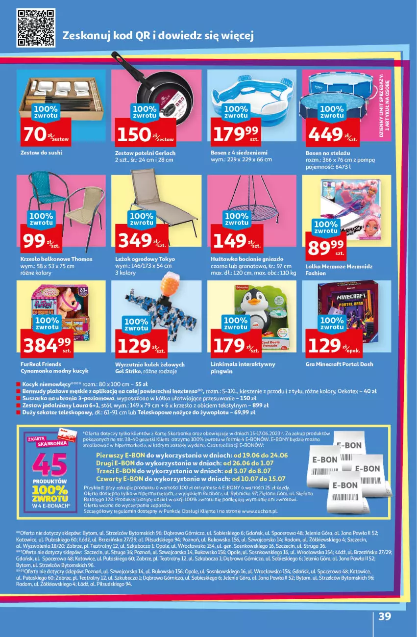 Gazetka promocyjna Auchan - Gazetka Sezon na orzeźwienie Hipermarket Auchan - ważna 15.06 do 21.06.2023 - strona 39 - produkty: Acer, Bermudy, BIC, Cars, Fa, Gra, Granat, Huśtawka, Jadalnia, Koc, Krzesło, Laur, Minecraft, Noż, Nożyce, Pingwin, Por, Portal, Sekator, Sos, Stół, Suszarka, Teleskop, Ubrania, Wyrzutnia