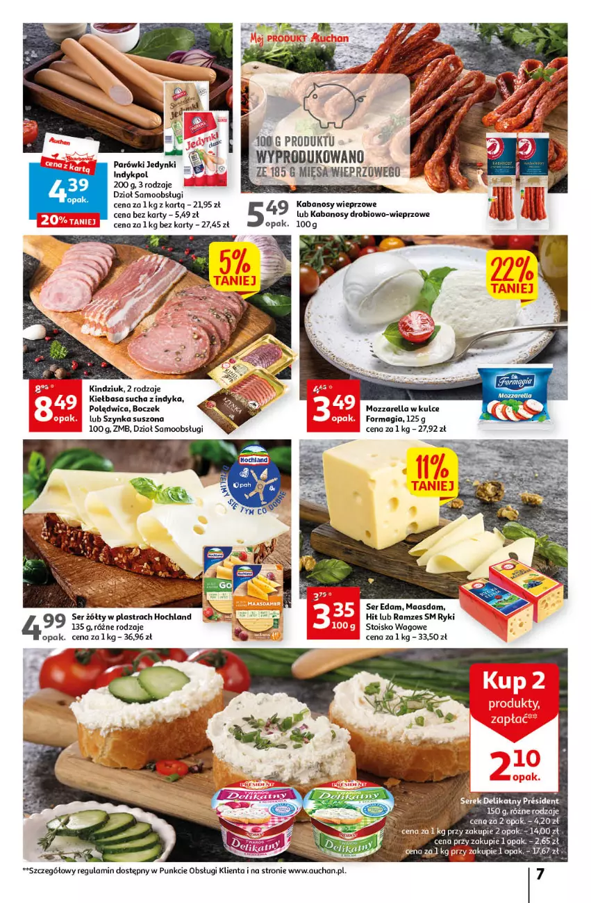 Gazetka promocyjna Auchan - Gazetka Sezon na orzeźwienie Hipermarket Auchan - ważna 15.06 do 21.06.2023 - strona 7 - produkty: Boczek, Edam, Hochland, Kabanos, Kiełbasa, Kindziuk, Maasdam, Mozzarella, Parówki, Polędwica, Ser, Szynka