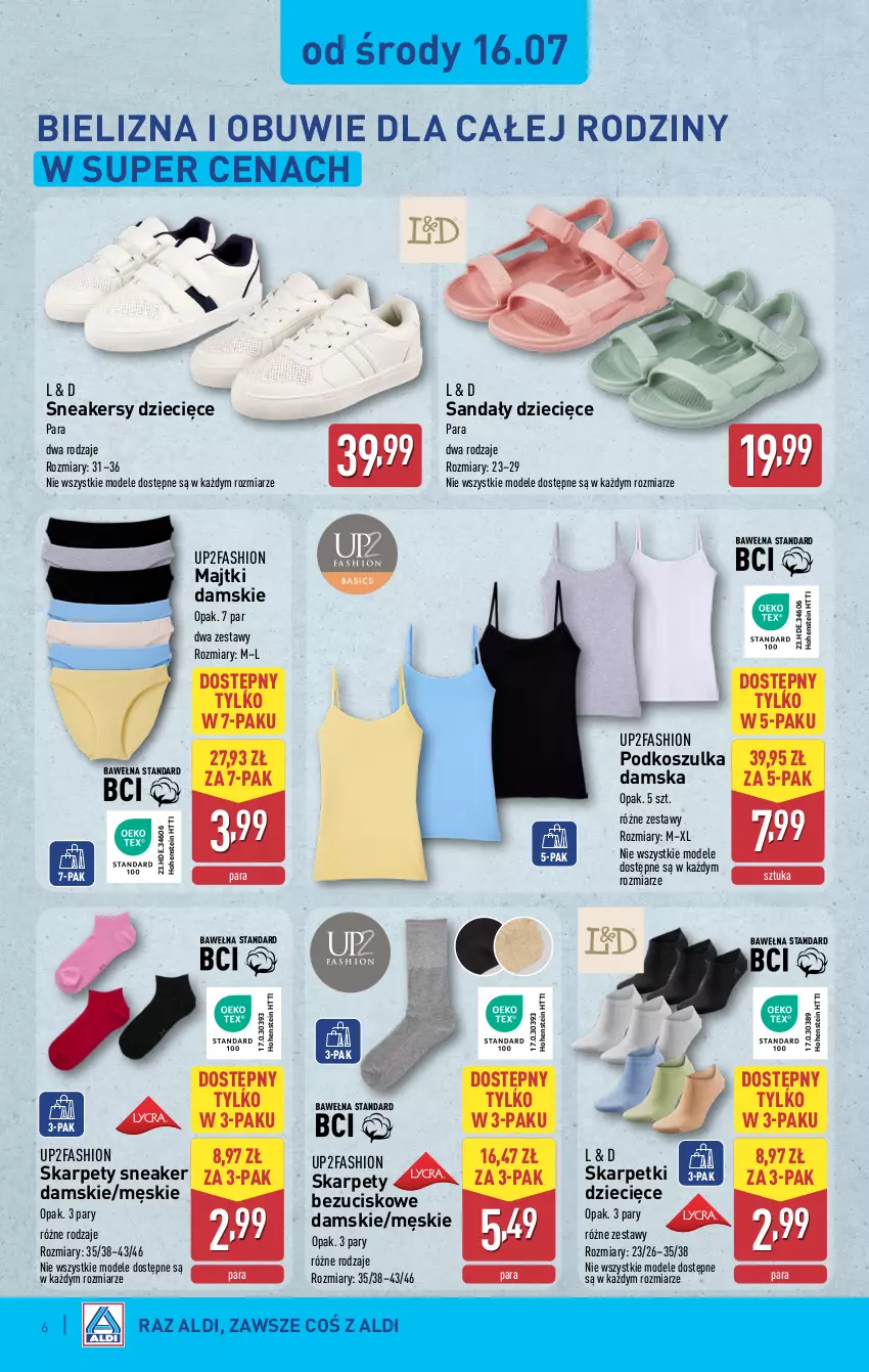 Gazetka promocyjna Aldi - Artykuły przemysłowe i tekstylia - ważna 16.07 do 19.07.2025 - strona 6 - produkty: Bielizna, Dzieci, Fa, Karp, Kosz, Koszulka, Majtki, Obuwie, Sandał, Skarpetki, Sneakersy