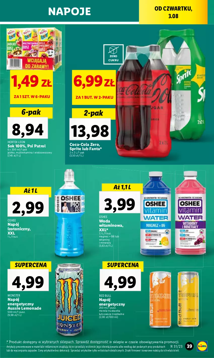 Gazetka promocyjna Lidl - GAZETKA - ważna 03.08 do 05.08.2023 - strona 79 - produkty: Coca-Cola, Fa, Fanta, Hortex, Leon, Magnez, Morela, Napój, Napój energetyczny, Napój izotoniczny, Napoje, Oshee, Owoce, Psi Patrol, Red Bull, Sok, Sprite, Woda