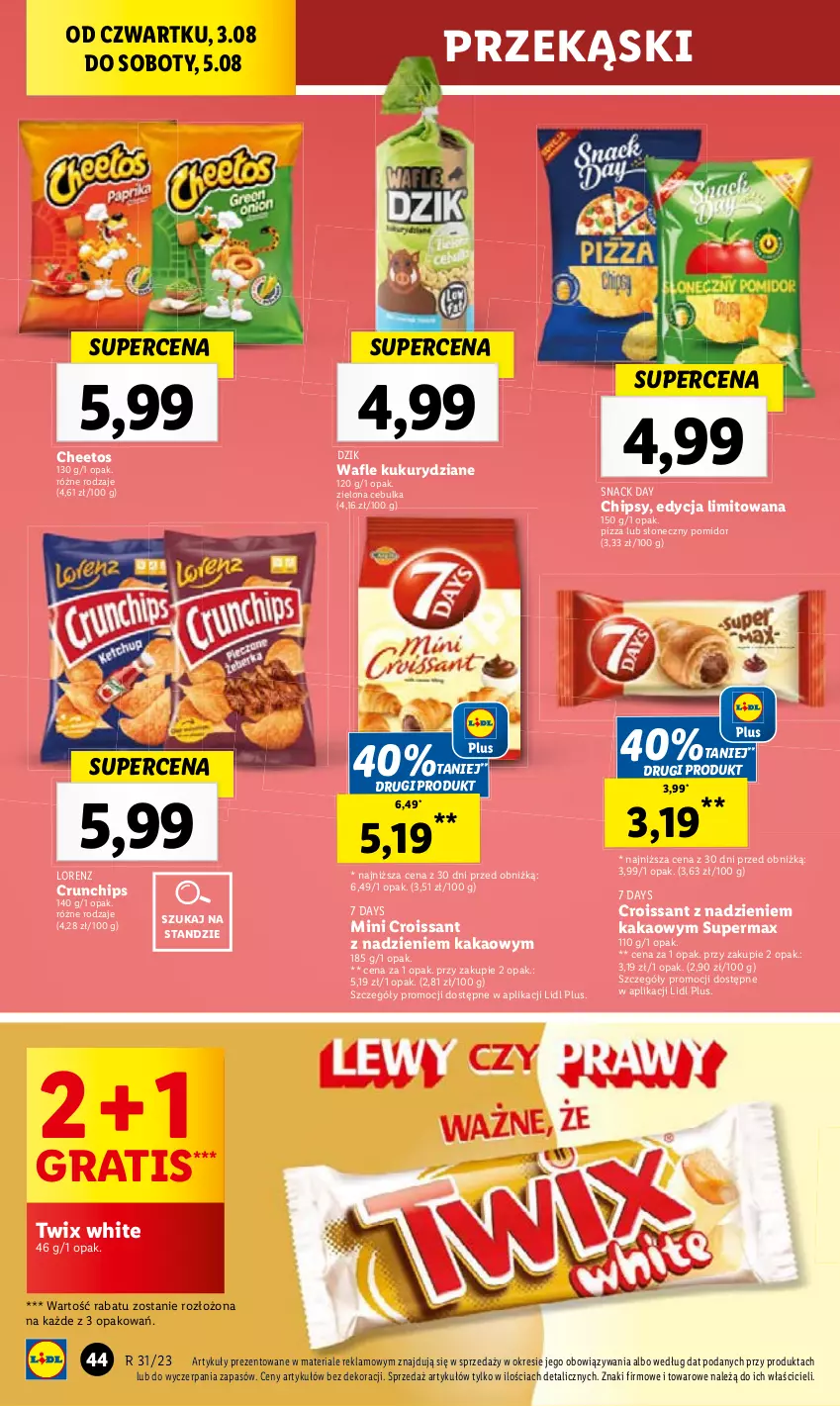 Gazetka promocyjna Lidl - GAZETKA - ważna 03.08 do 05.08.2023 - strona 84 - produkty: 7 Days, Cheetos, Chipsy, Croissant, Crunchips, Gra, Kakao, Lorenz, Mentos, Pizza, Twix