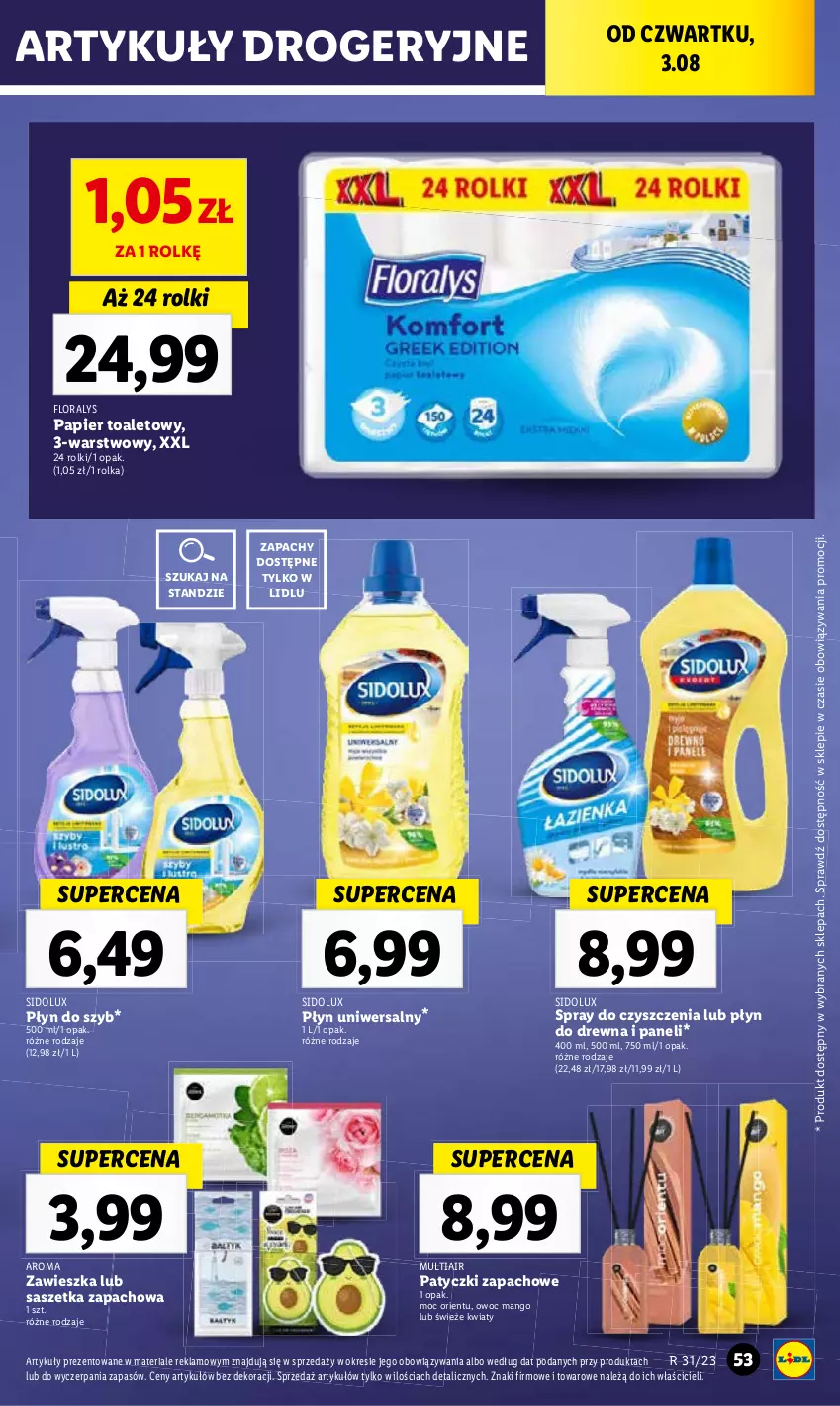 Gazetka promocyjna Lidl - GAZETKA - ważna 03.08 do 05.08.2023 - strona 95 - produkty: Flora, Mango, Papier, Papier toaletowy, Płyn do szyb, Rolki, Sidolux, Spray do czyszczenia