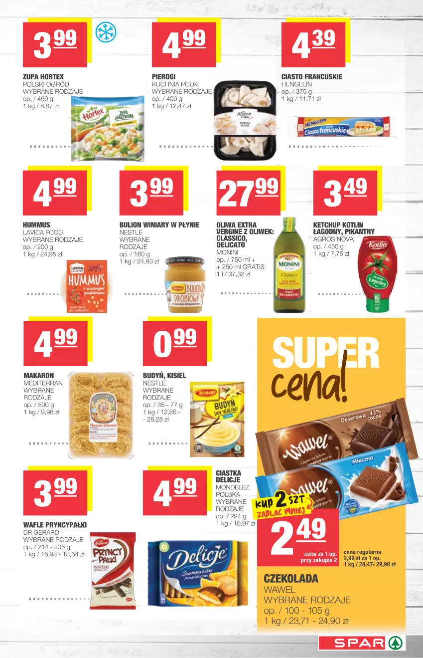 Gazetka promocyjna Spar - Spar - ważna 17.03 do 23.03.2021 - strona 5 - produkty: Budyń, Bulion, Ciastka, Ciasto francuskie, Czekolada, Delicje, Dr Gerard, Gin, Gra, Hortex, Hummus, Ketchup, Kisiel, Kotlin, Kuchnia, Lion, Makaron, Monini, Mus, Ogród, Pierogi, Wafle, Wawel, Winiary, Zupa