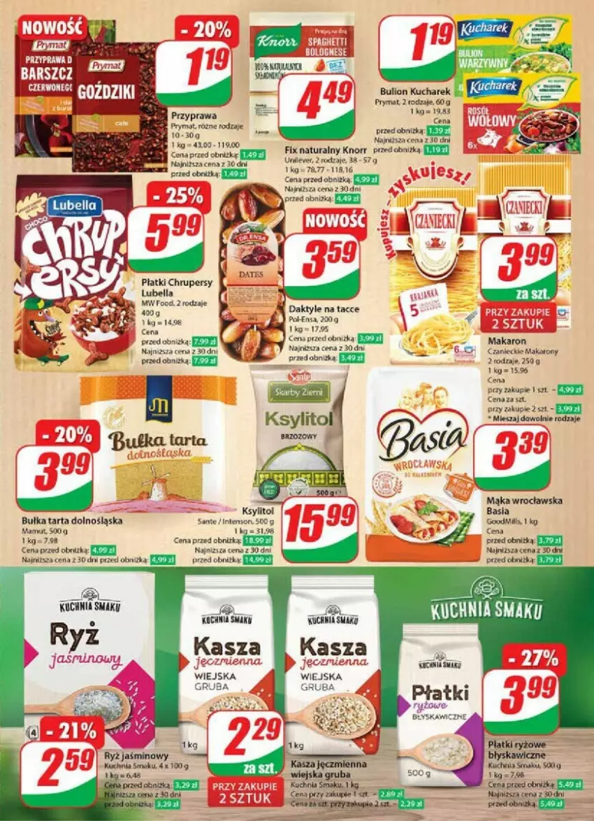 Gazetka promocyjna Dino - ważna 29.11 do 05.12.2023 - strona 28 - produkty: Basia, Bell, Bella, Bulion, Bułka, Bułka tarta, Daktyle, Knorr, Ksylitol, Kucharek, Kuchnia, Lion, Lubella, Mąka, Makaron, Prymat, Ryż, Sante, Tarta