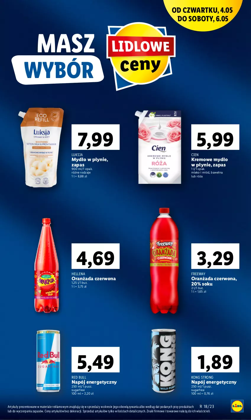 Gazetka promocyjna Lidl - GAZETKA - ważna 04.05 do 06.05.2023 - strona 19 - produkty: Hellena, Luksja, Miód, Mleko, Mydło, Mydło w płynie, Napój, Napój energetyczny, Oranżada, Red Bull, Róża, Sok, Wełna