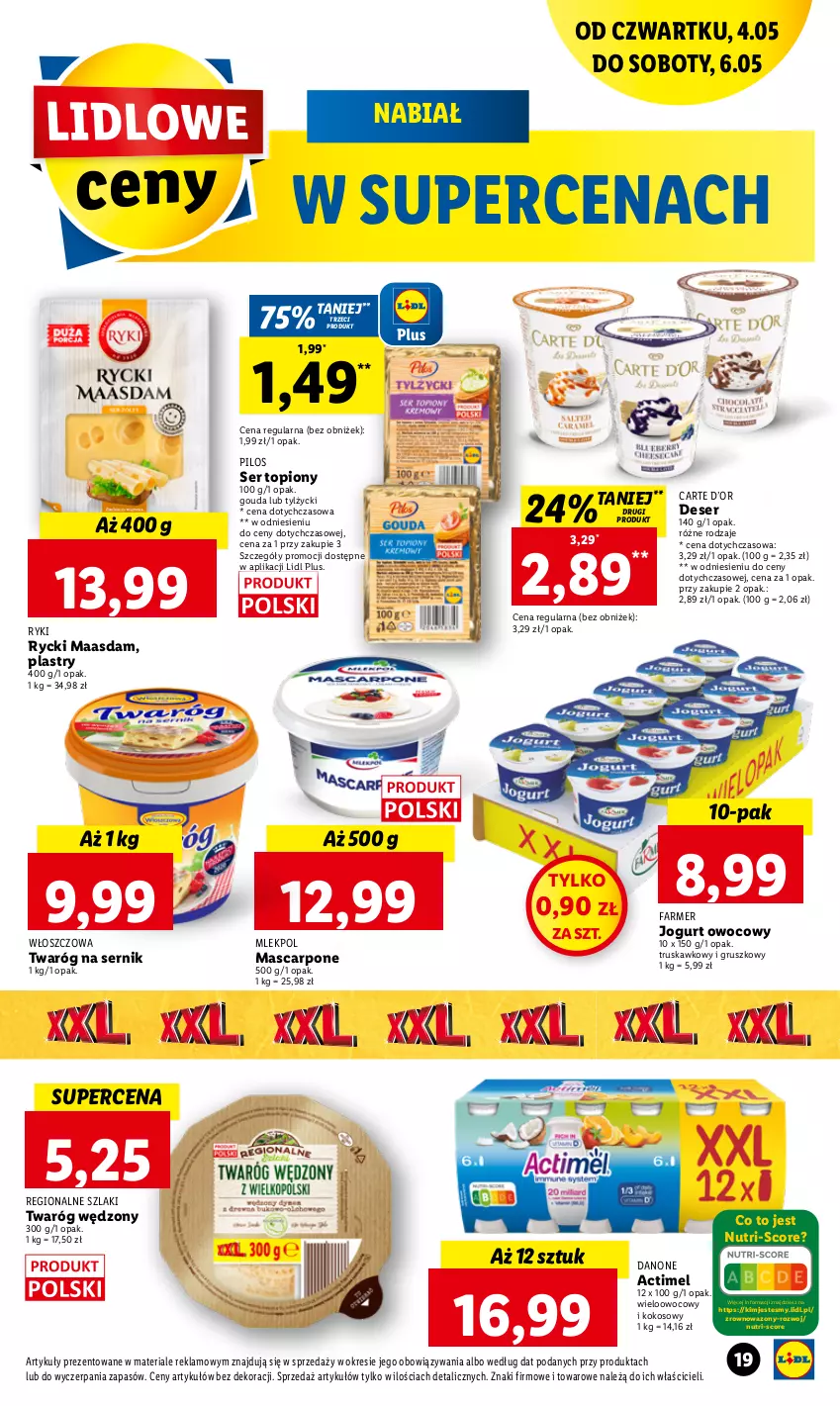 Gazetka promocyjna Lidl - GAZETKA - ważna 04.05 do 06.05.2023 - strona 27 - produkty: Actimel, Danone, Deser, Fa, Gouda, Jogurt, Jogurt owocowy, Kokos, Maasdam, Mascarpone, Pilos, Ser, Ser topiony, Top, Twaróg, Wazon